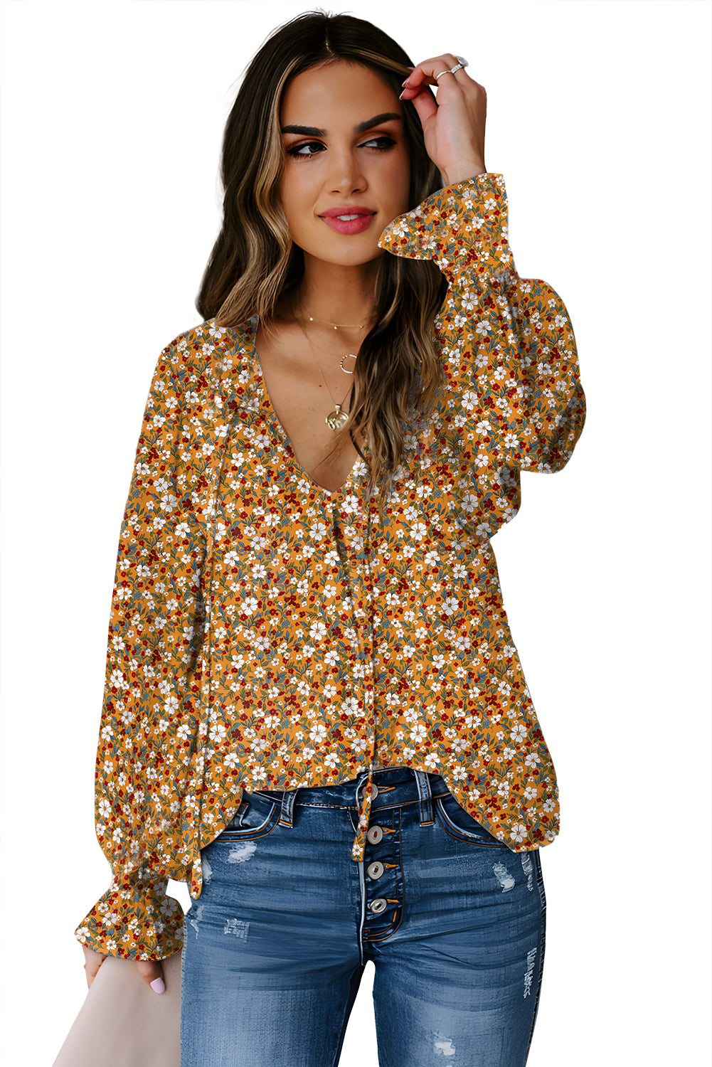 Blusa boho floral naranja con escote en V y mangas abullonadas