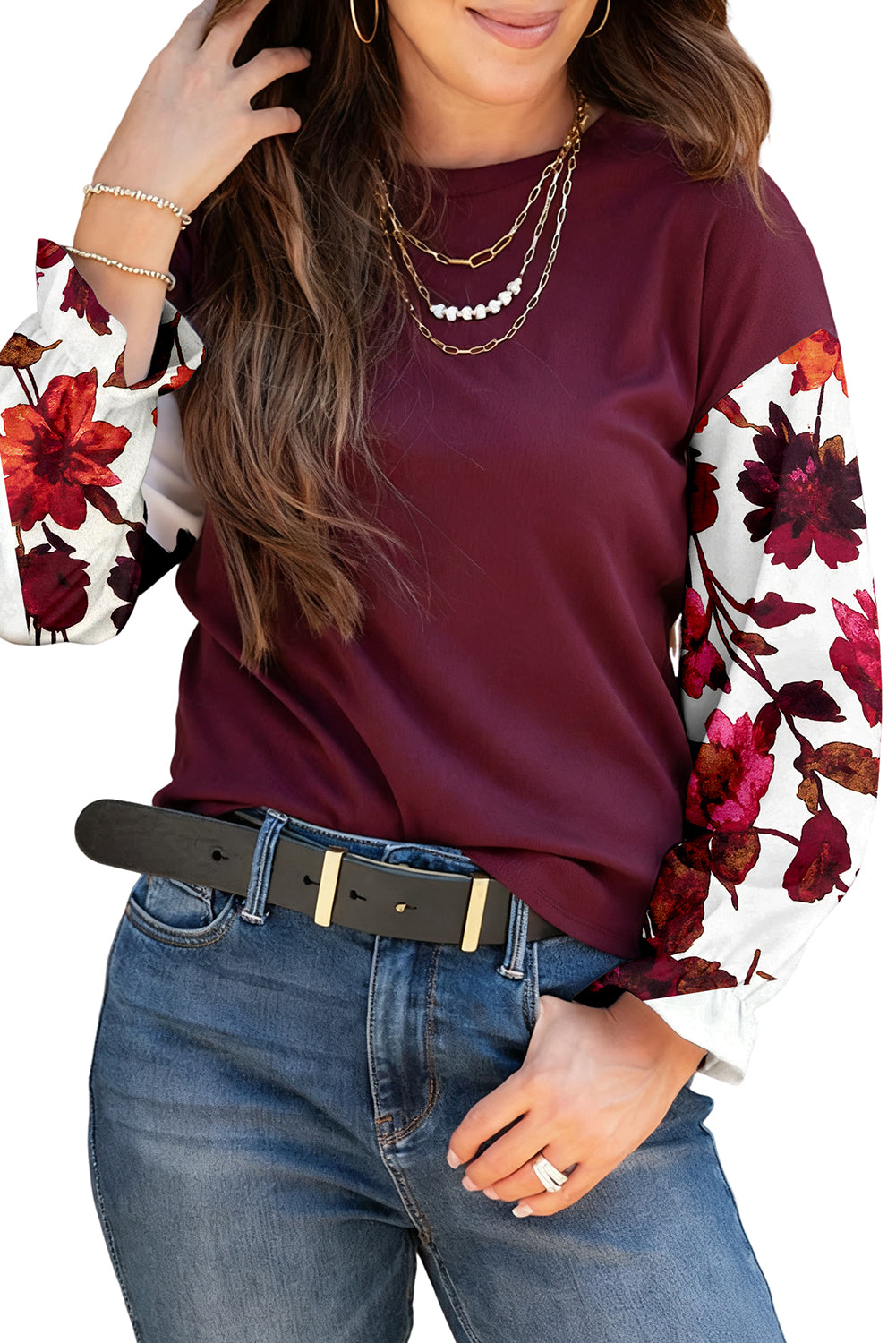 Blusa floral patchwork con cuello redondo y mangas caídas