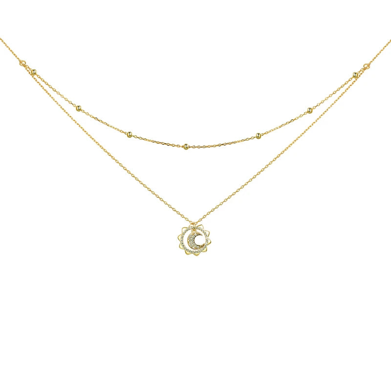 BAMOER Plata de Ley 925 Vintage oro sol y luna doble capas gargantilla collar