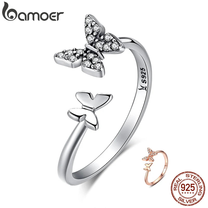 Anillo de dedo abierto de plata esterlina deslumbrante mariposa