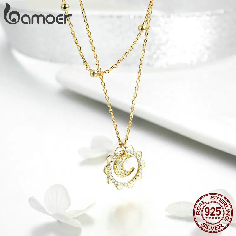 BAMOER Plata de Ley 925 Vintage oro sol y luna doble capas gargantilla collar