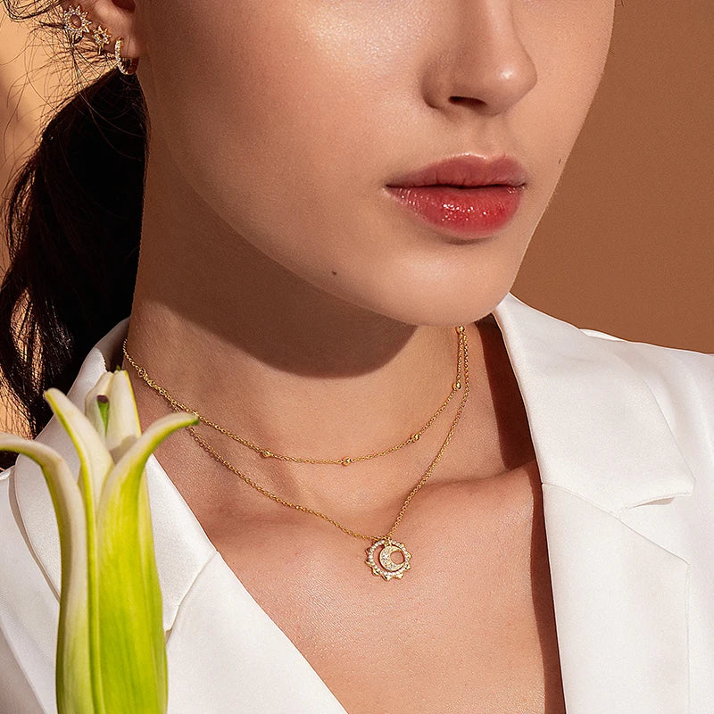 BAMOER Plata de Ley 925 Vintage oro sol y luna doble capas gargantilla collar