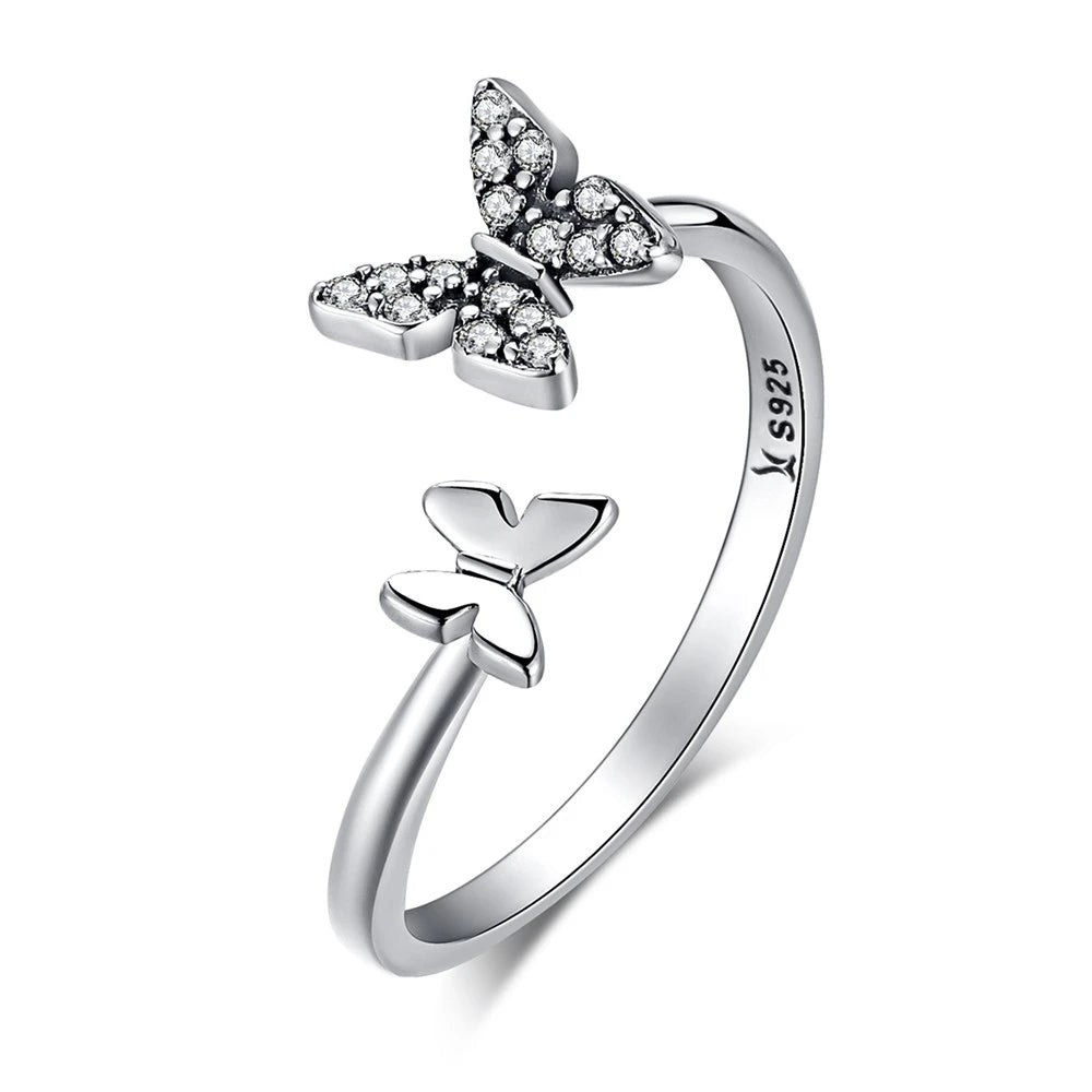 Anillo de dedo abierto de plata esterlina deslumbrante mariposa