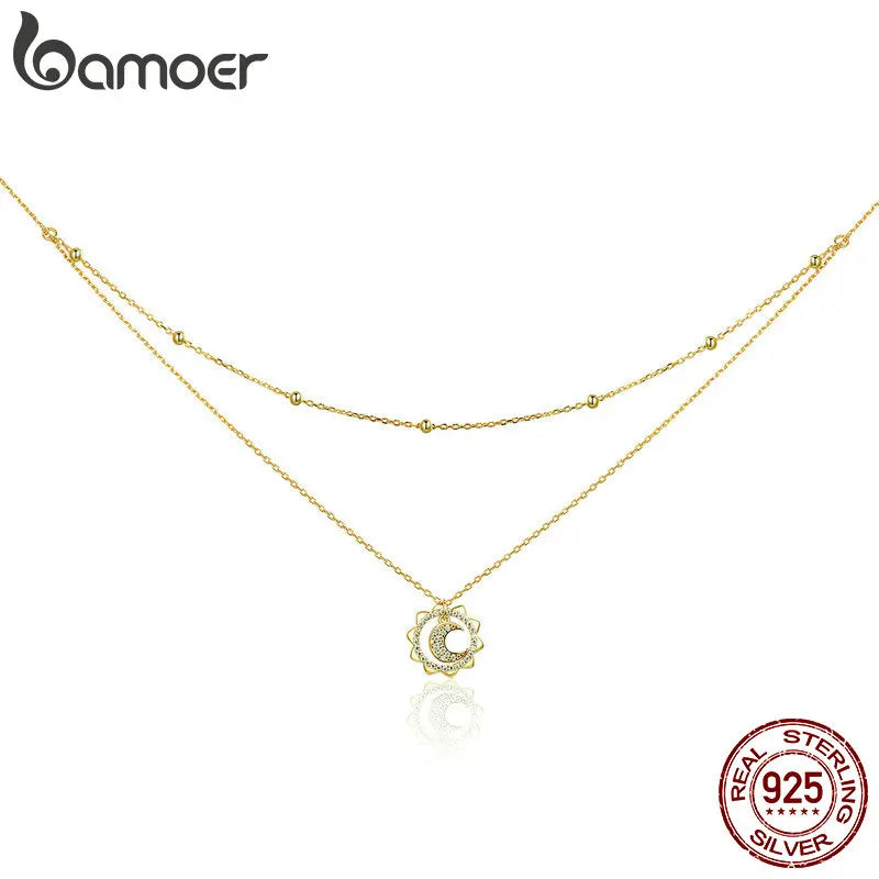 BAMOER Plata de Ley 925 Vintage oro sol y luna doble capas gargantilla collar