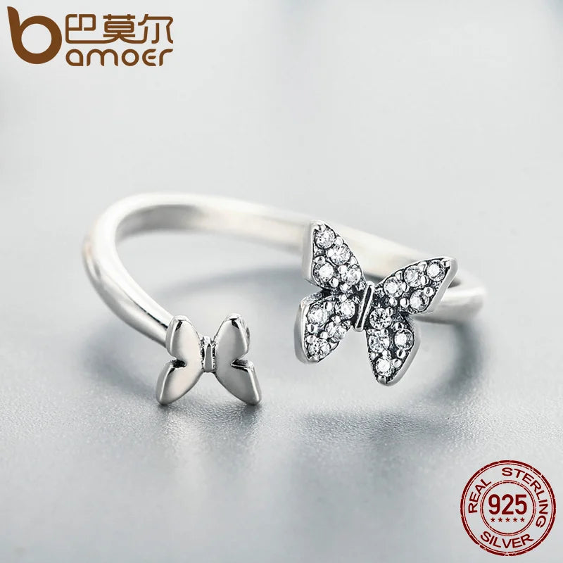 Anillo de dedo abierto de plata esterlina deslumbrante mariposa