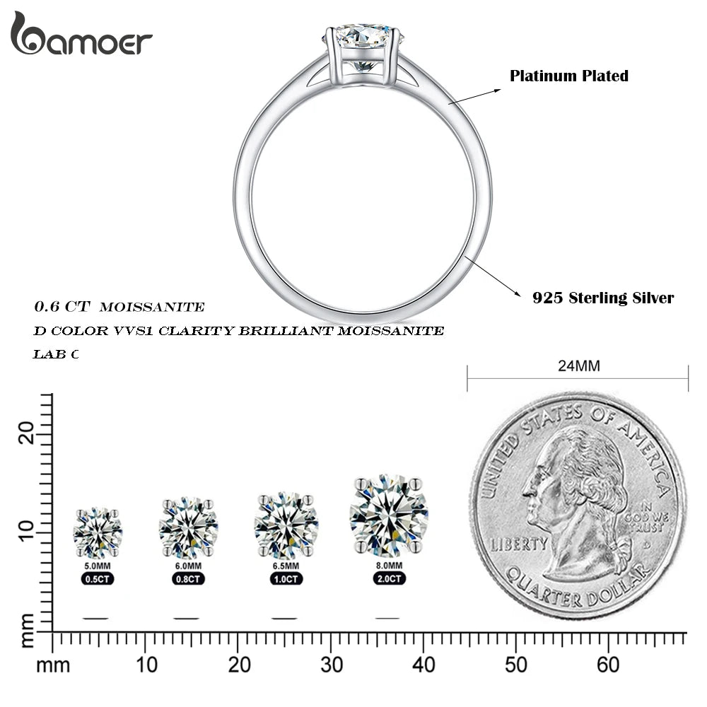 Anillo de moissanita para mujer, plata de ley 925 chapado en platino, solitario de 4 puntas, banda de eternidad.