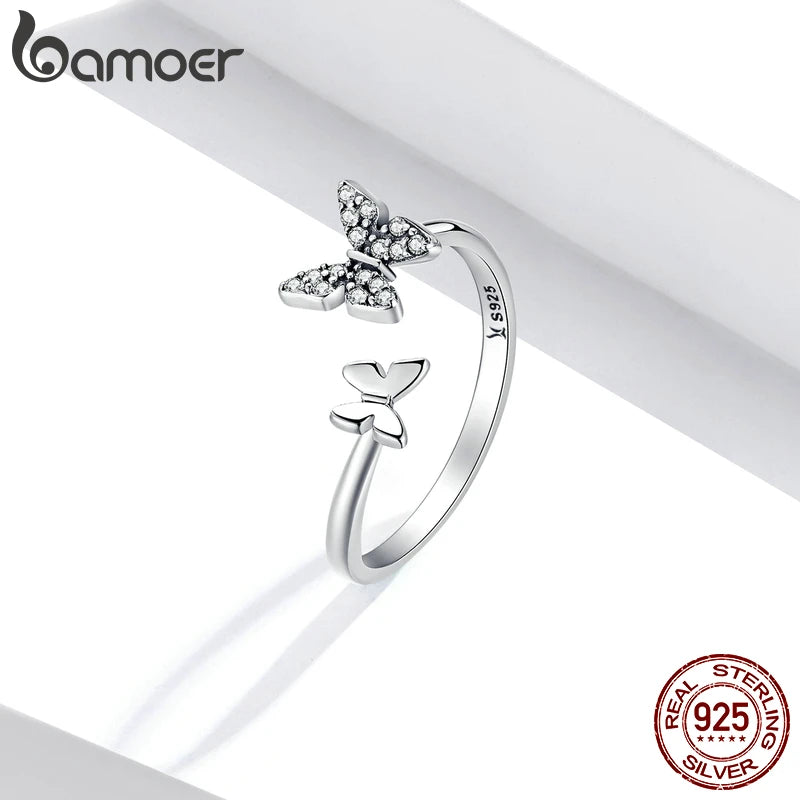 Anillo de dedo abierto de plata esterlina deslumbrante mariposa