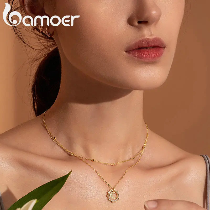 BAMOER Plata de Ley 925 Vintage oro sol y luna doble capas gargantilla collar