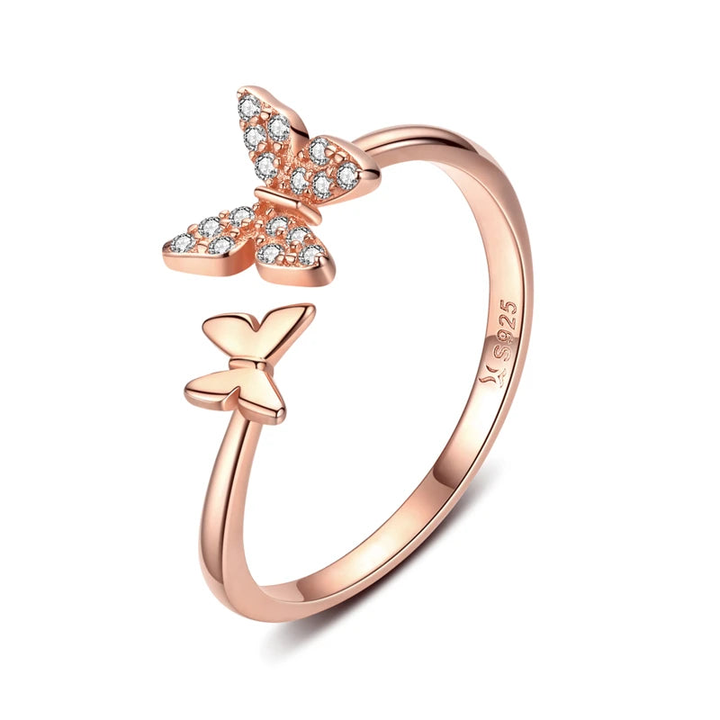 Anillo de dedo abierto de plata esterlina deslumbrante mariposa