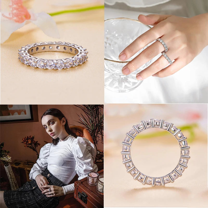 Anillo de moissanita chapado en platino, banda de eternidad completa/media para mujer, de plata de ley 925 con diamantes.