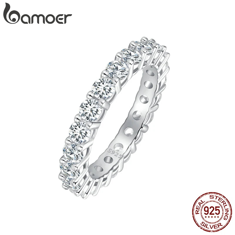 Anillo de moissanita chapado en platino, banda de eternidad completa/media para mujer, de plata de ley 925 con diamantes.