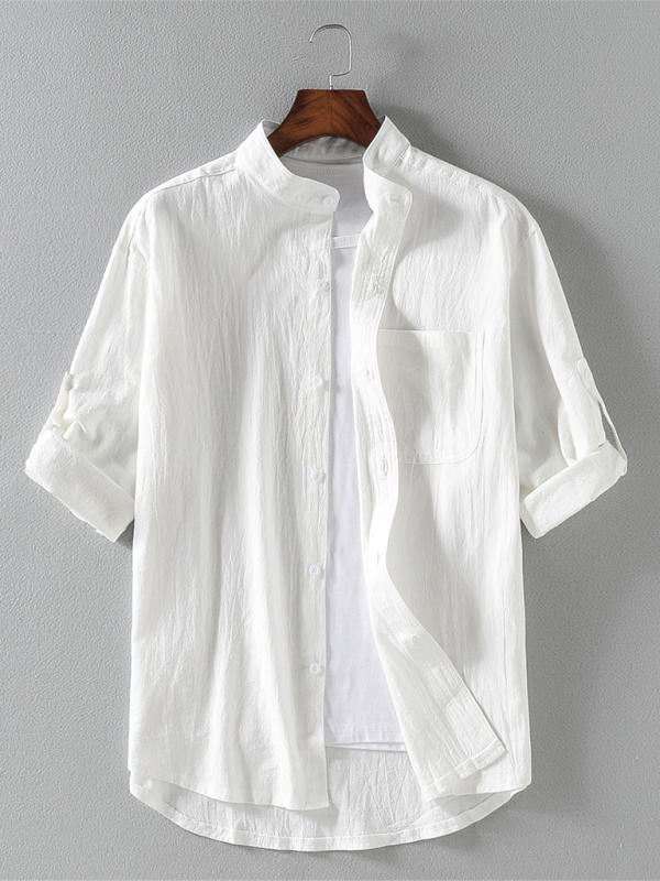 Camisa casual de manga corta con cuello levantado de color sólido para hombre