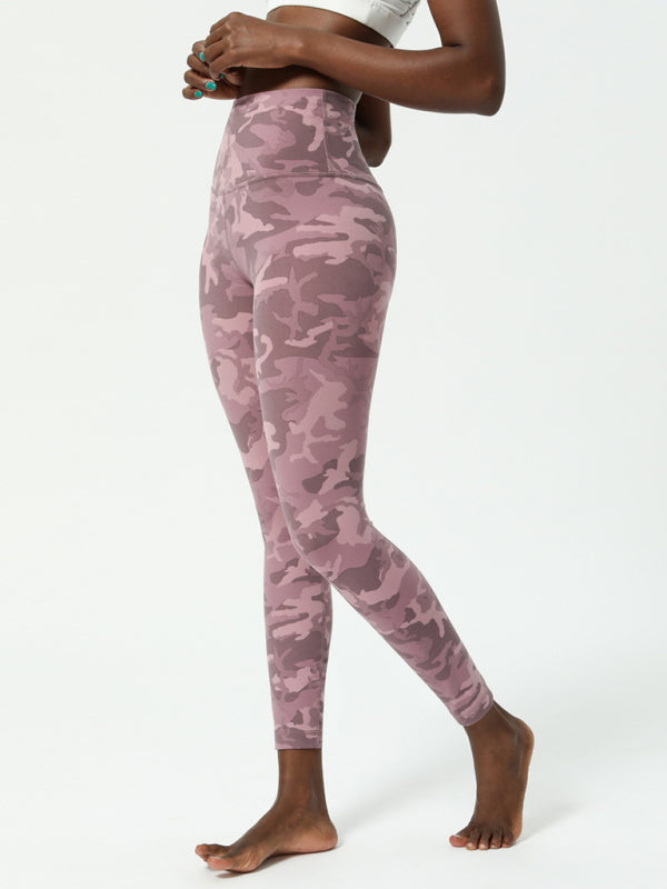 Leggings de yoga para mujer estilo europeo y americano, con estampado camuflado y doble cara con efecto nude, ideales para yoga y entrenamiento.
