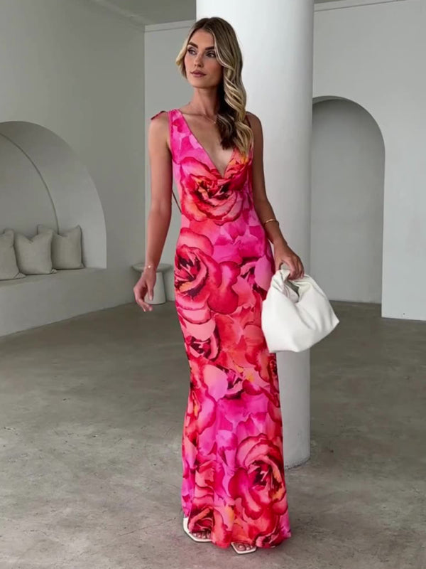 Vestido de tirantes sexy elástico estampado con diseño con cuello en V