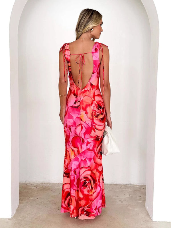 Vestido de tirantes sexy elástico estampado con diseño con cuello en V