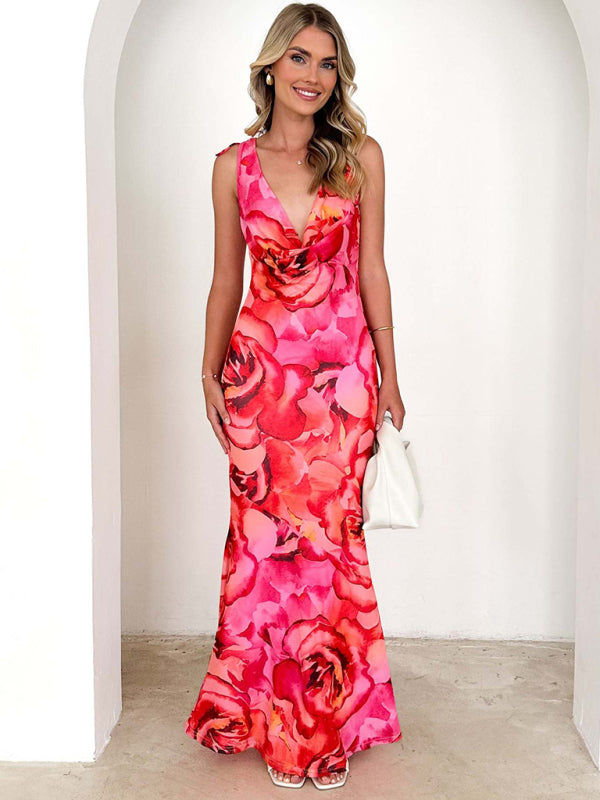 Vestido de tirantes sexy elástico estampado con diseño con cuello en V