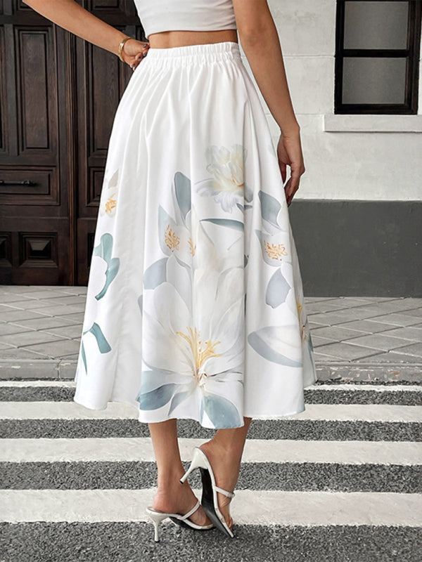 Casual Floral Holiday Dress Button Decorated Printed Skirt