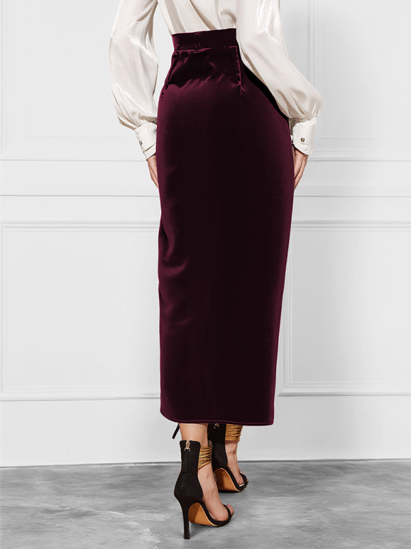 New solid color twisted skirt slit velvet skirt