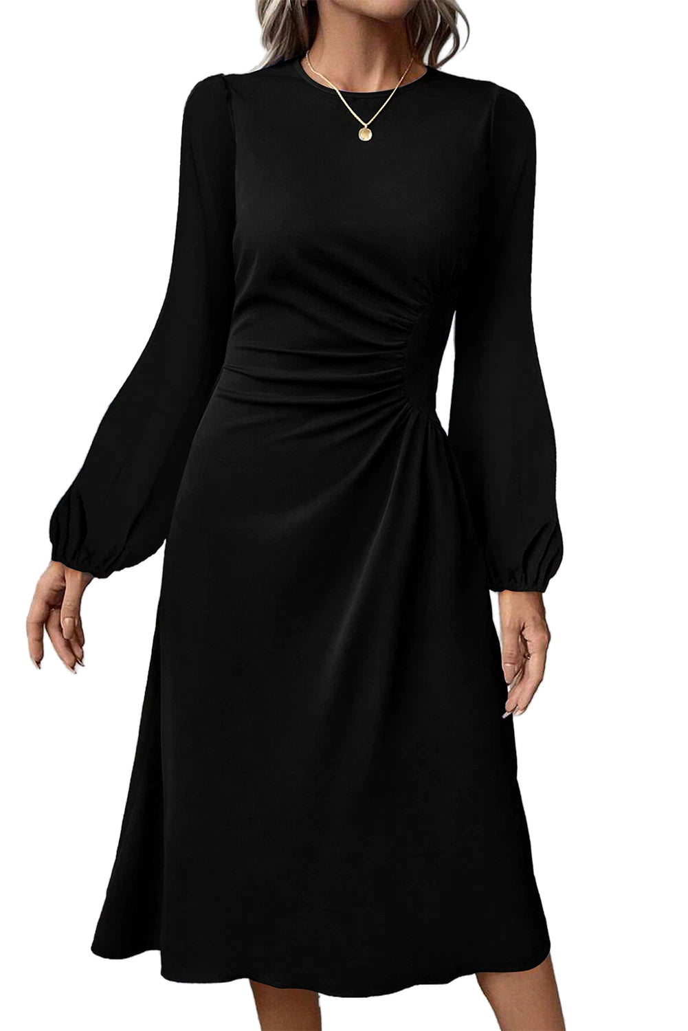 Vestido midi negro liso con mangas tipo linterna