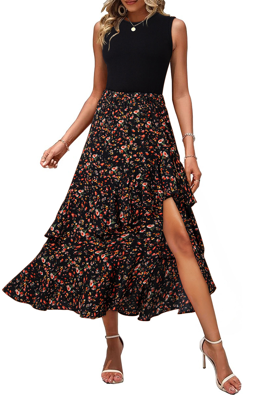 Vestido Midi Negro con Patchwork Floral y Volantes Asimétricos