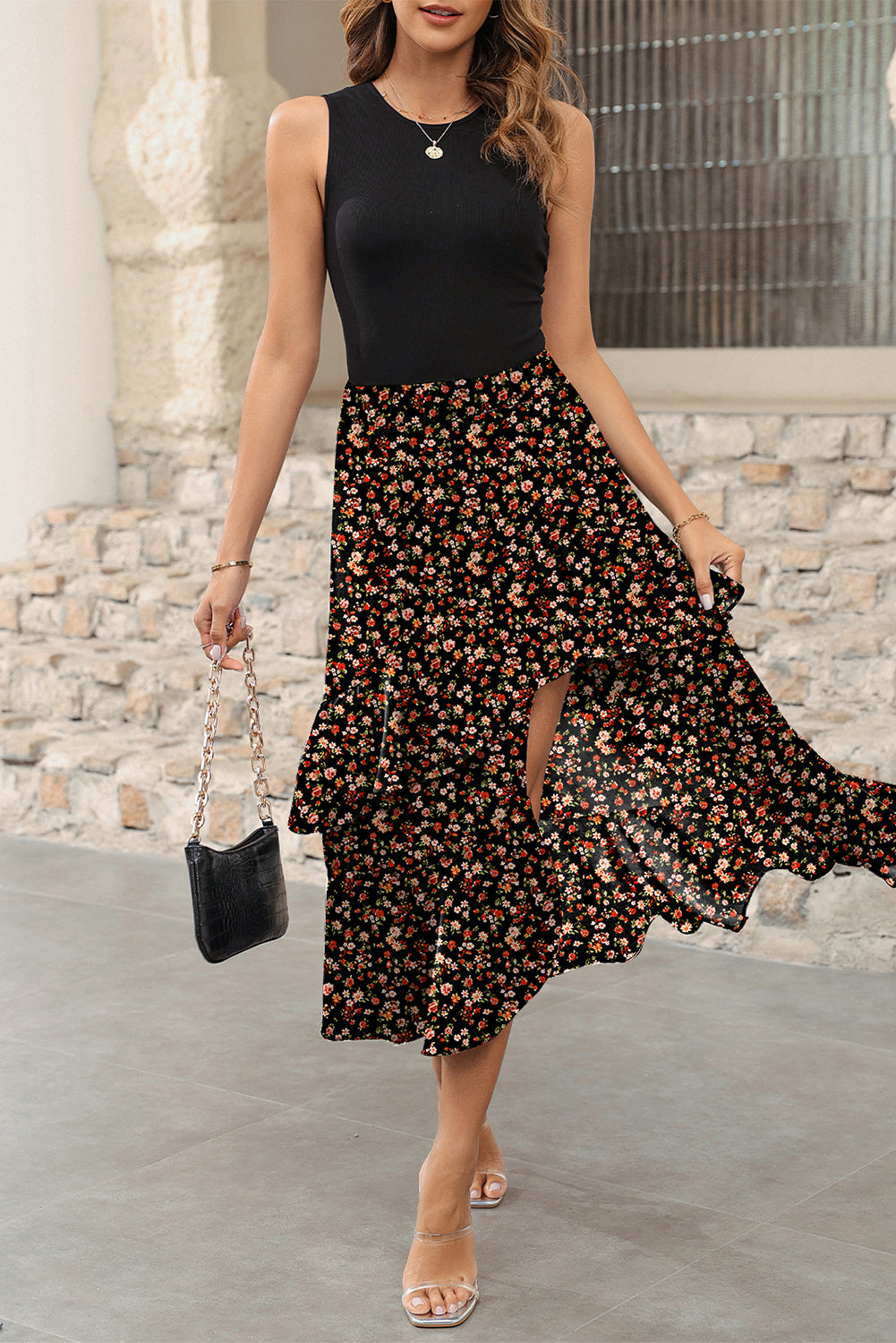 Vestido Midi Negro con Patchwork Floral y Volantes Asimétricos