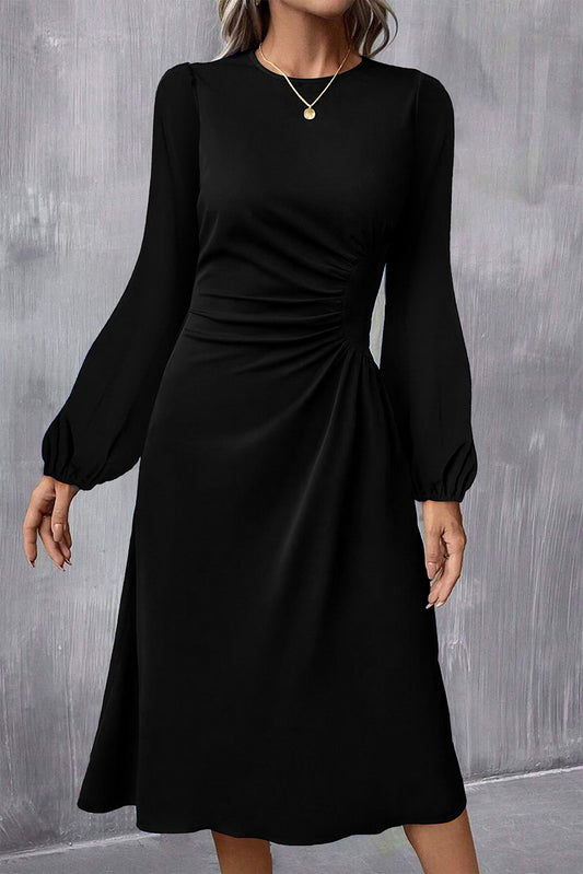 Vestido midi negro liso con mangas tipo linterna