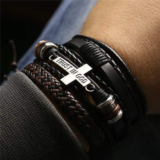 Set 3 pulseras de cuero brazaletes para hombres cuentas de madera pluma confianza en Dios Cruz.