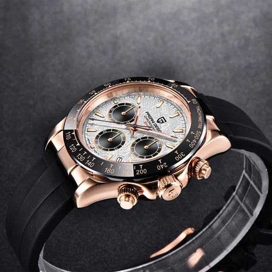 Reloj PAGANI DESING modelo PD-1664 Daytona, correa de goma, vidrio, zafiro y cronógrafo.