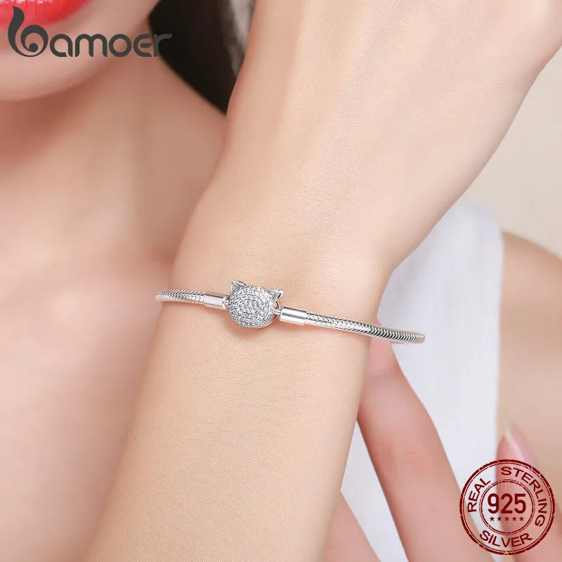 Pulsera de cadena con forma de serpiente y gato, 100 % plata de ley 925 con brillantes circonitas cúbicas para mujer, abalorios y cuentas.