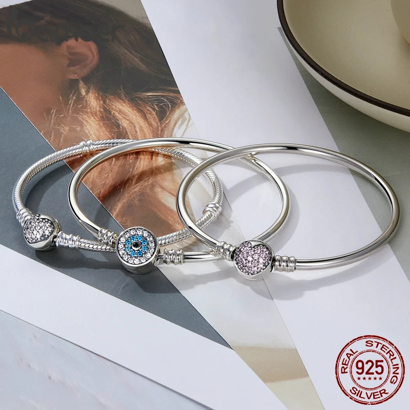 Pulsera y brazalete de cadena de serpiente de plata esterlina 925 con engaste pavé de circonita cúbica para mujer, colgante con abalorio.