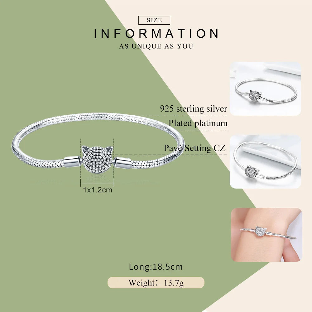 Pulsera de cadena con forma de serpiente y gato, 100 % plata de ley 925 con brillantes circonitas cúbicas para mujer, abalorios y cuentas.