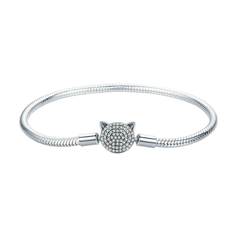 Pulsera de cadena con forma de serpiente y gato, 100 % plata de ley 925 con brillantes circonitas cúbicas para mujer, abalorios y cuentas.