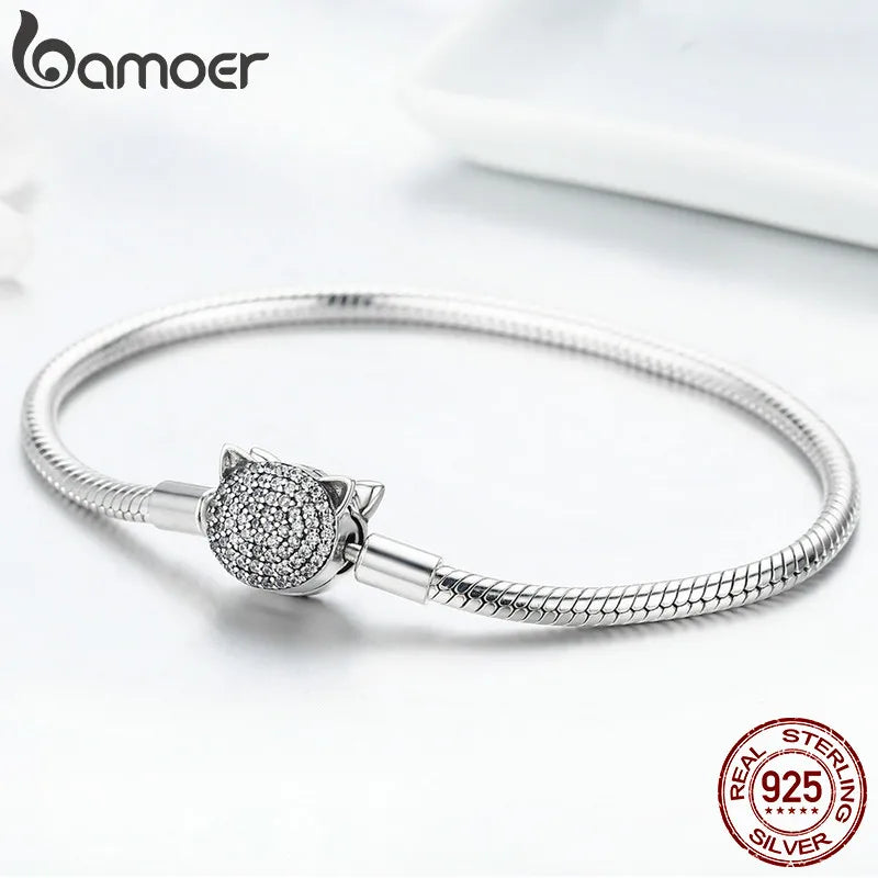 Pulsera de cadena con forma de serpiente y gato, 100 % plata de ley 925 con brillantes circonitas cúbicas para mujer, abalorios y cuentas.