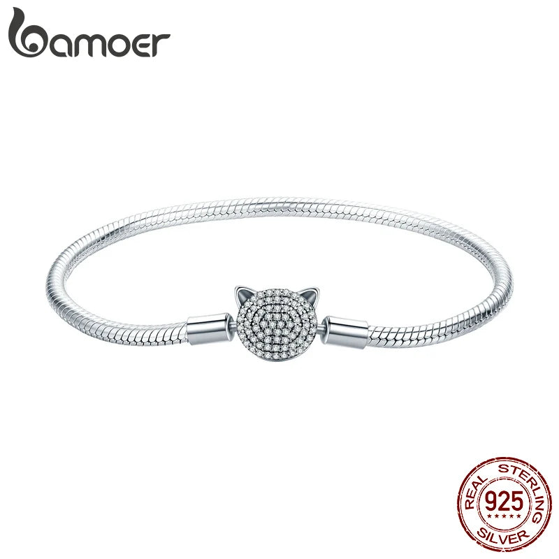 Pulsera de cadena con forma de serpiente y gato, 100 % plata de ley 925 con brillantes circonitas cúbicas para mujer, abalorios y cuentas.