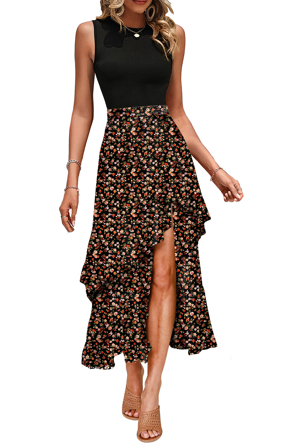 Vestido Midi Negro con Patchwork Floral y Volantes Asimétricos