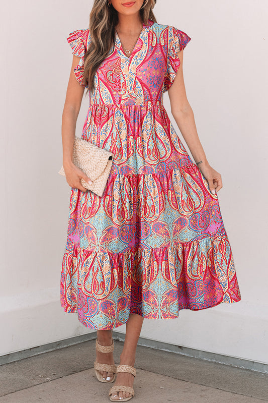 Vestido midi rosa con estampado paisley étnico y mangas con volantes