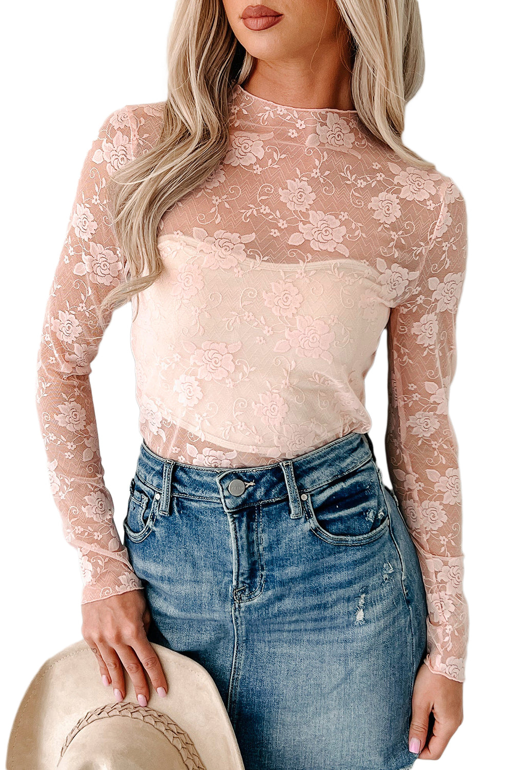 Top floral de encaje con cuello alto para primavera y otoño