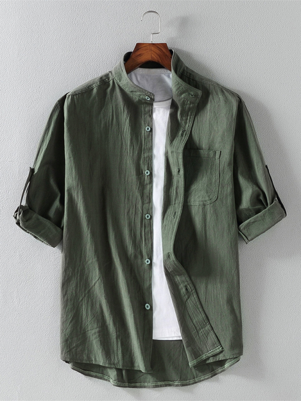 Camisa casual de manga corta con cuello levantado de color sólido para hombre