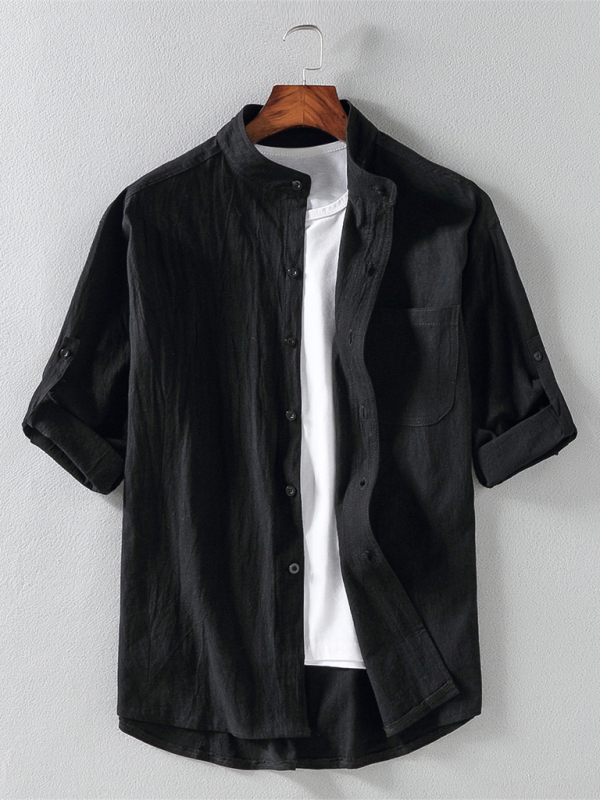 Camisa casual de manga corta con cuello levantado de color sólido para hombre