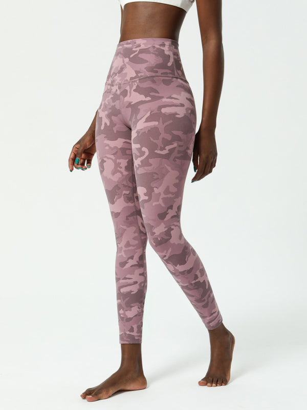 Leggings de yoga para mujer estilo europeo y americano, con estampado camuflado y doble cara con efecto nude, ideales para yoga y entrenamiento.