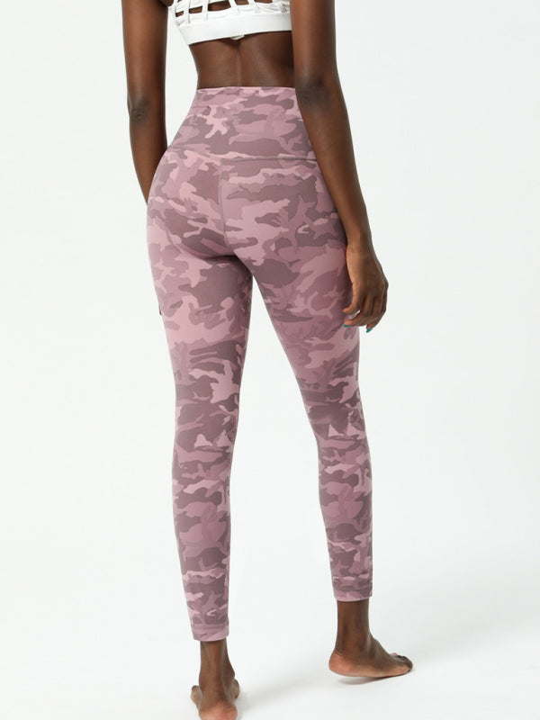 Leggings de yoga para mujer estilo europeo y americano, con estampado camuflado y doble cara con efecto nude, ideales para yoga y entrenamiento.