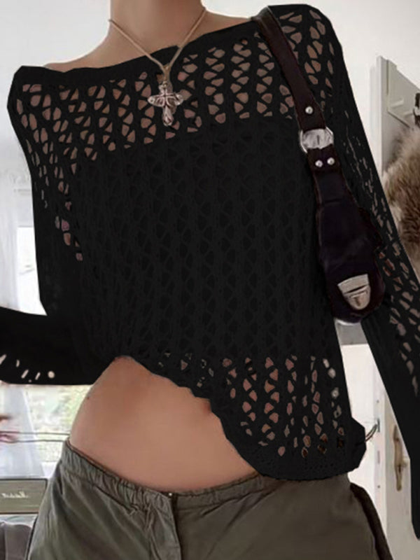 Top de punto de mujer, suelto, transparente de malla y manga larga