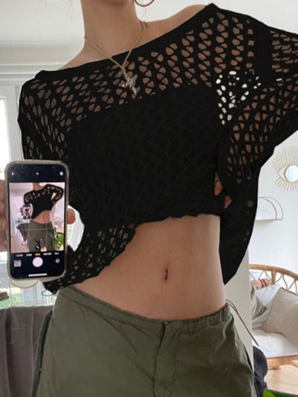 Top de punto de mujer, suelto, transparente de malla y manga larga