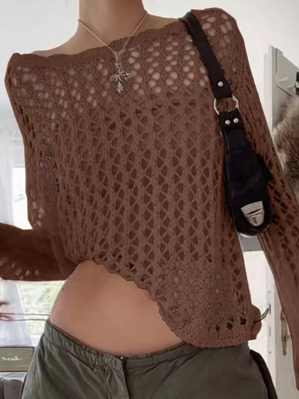 Top de punto de mujer, suelto, transparente de malla y manga larga