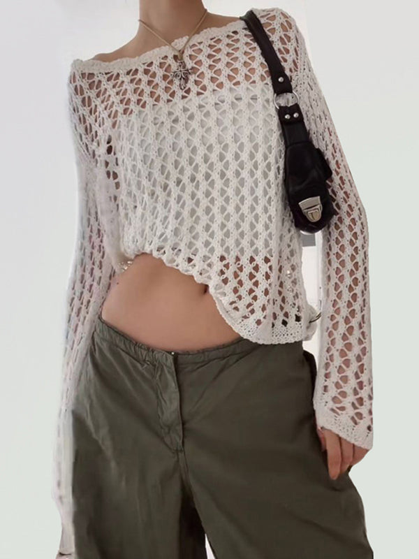 Top de punto de mujer, suelto, transparente de malla y manga larga