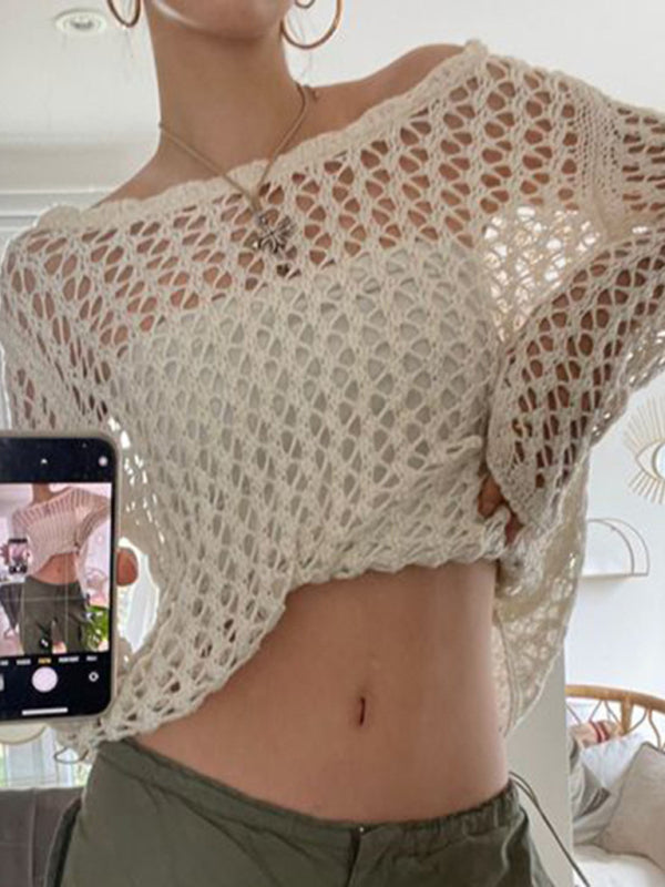 Top de punto de mujer, suelto, transparente de malla y manga larga