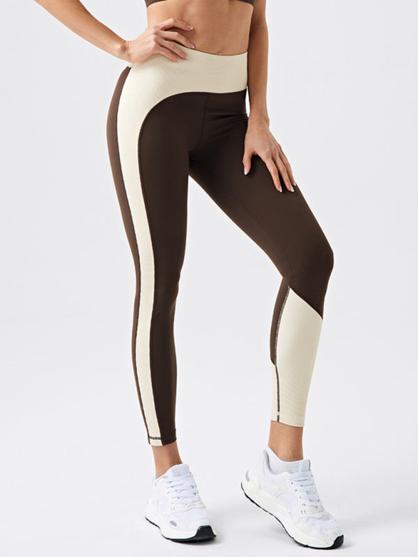 Leggings ecológicos de yoga y fitness, confeccionados con tela reciclada, de colores contrastantes, ideales para running y actividades al aire libre.