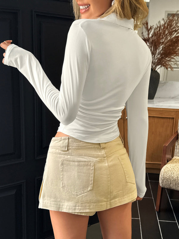 Top casual de manga larga con cuello abierto